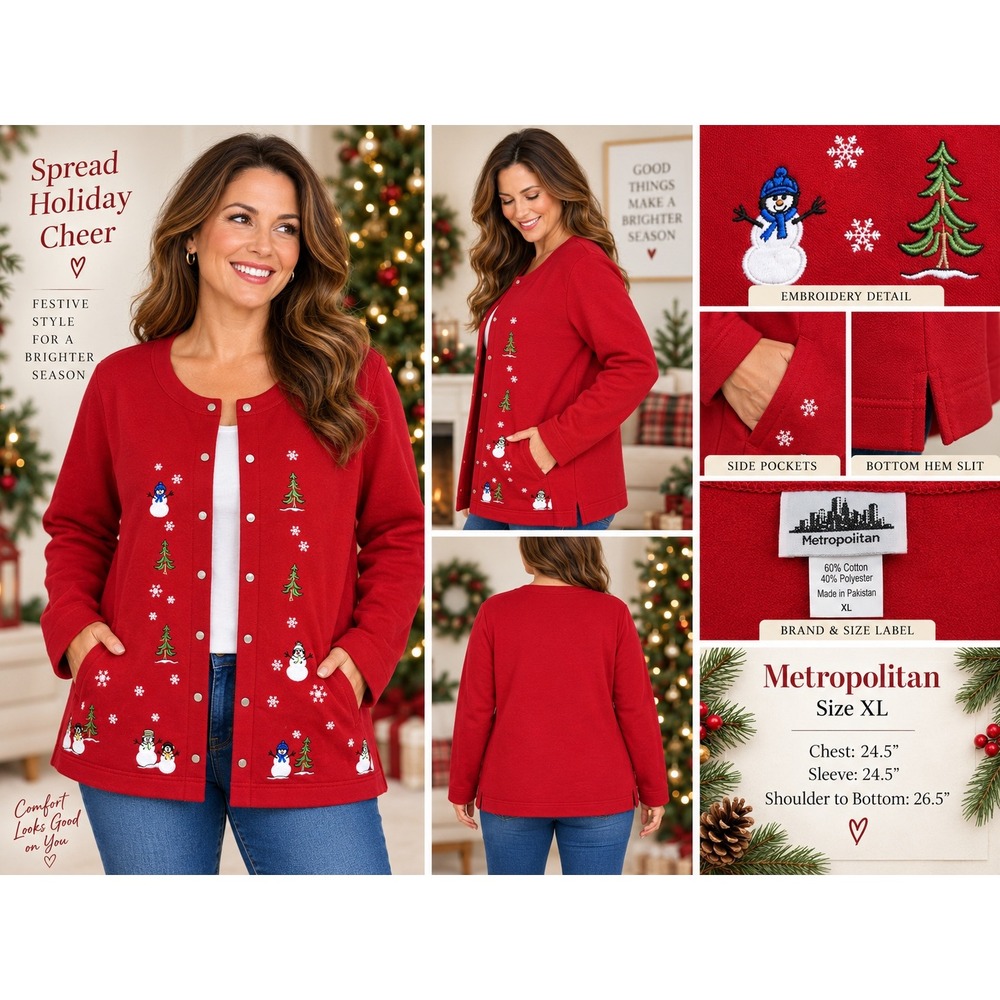 Metropolitan Red Embroidered Snowman Christmas Cardigan Sweatshirt XL Kitsch